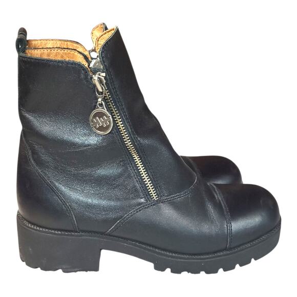 VTG Double H Y2K Women's Double Zip Leather Boots Chunky Heel Black US Size 9.5 - Picture 1 of 8